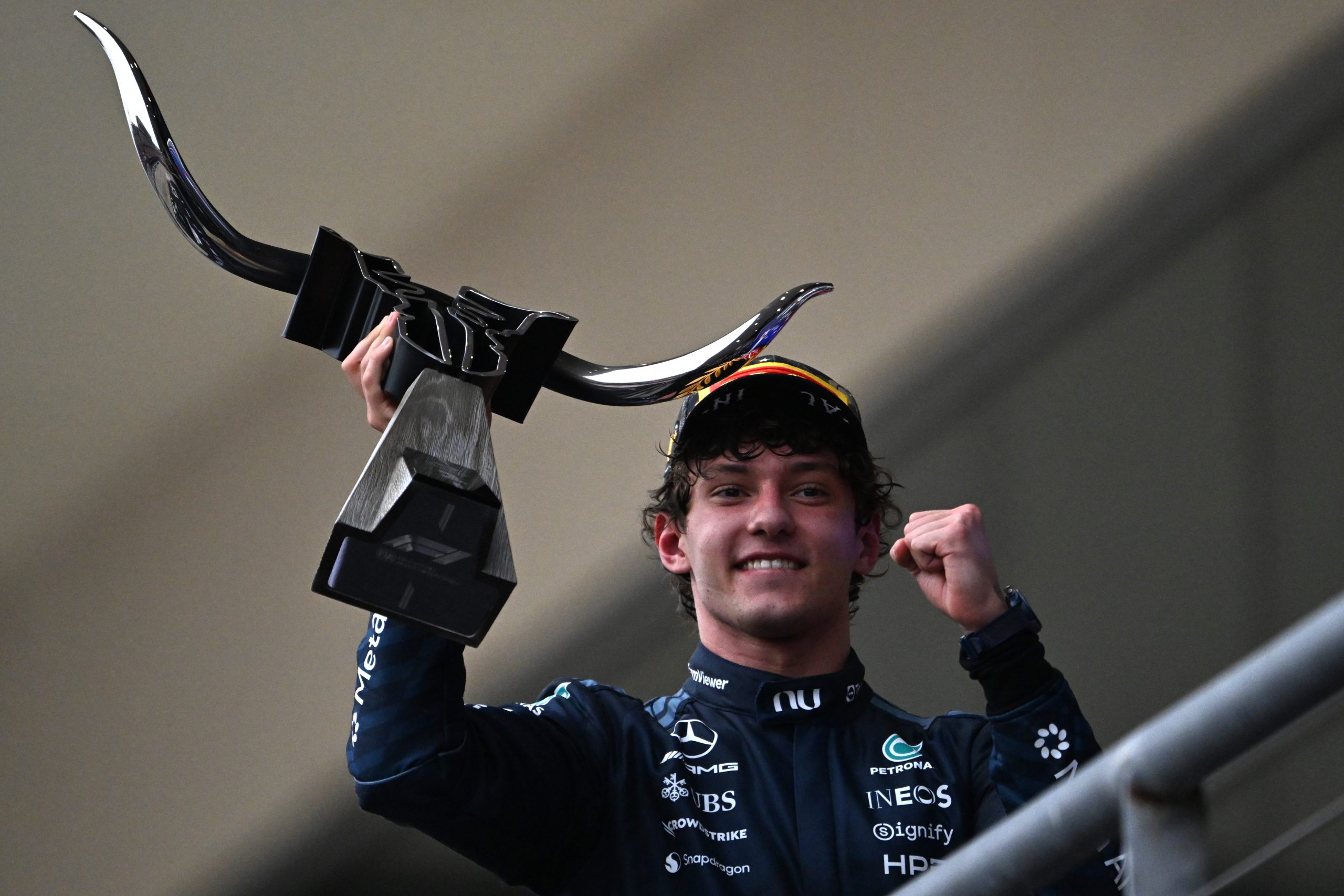 AUSTIN, TEXAS - OCTOBER 25: Race winner Andrea Kimi Antonelli of Italy and Mercedes AMG Petronas F1 Team celebrates on the podium during the F1 Grand Prix of United States at Circuit of The Americas on October 25, 2026 in Austin, Texas. (Photo by James Sutton/LAT Images)